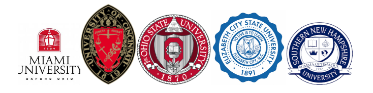 Logos of schools Vandana has worked with - Miami university, University of Cincinnati, Ohio State University, Elizabeth City State university, and Southern New Hampshire University