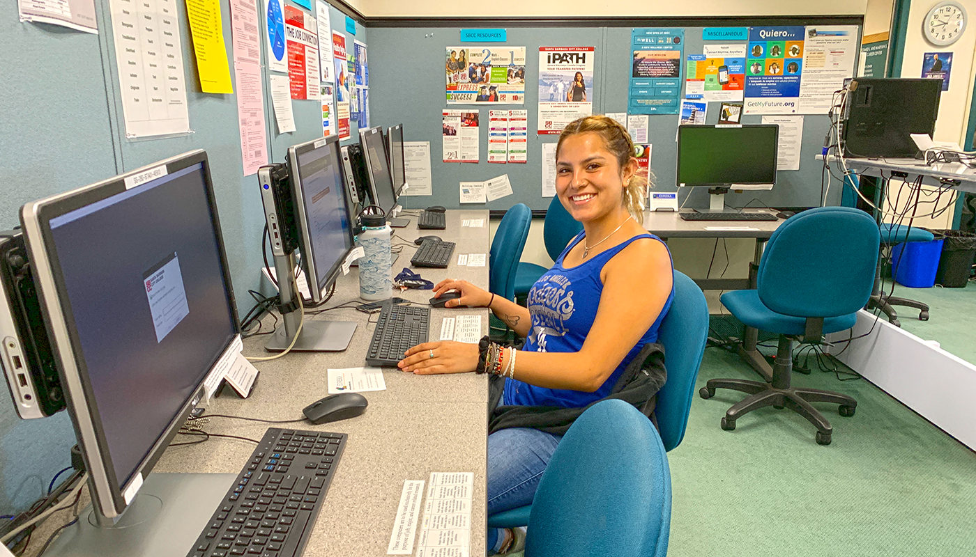 SBCC student at a computer in the career center.