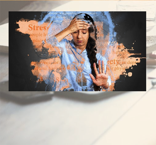 image of student with hand on forehead and words stress