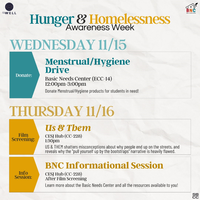 Schedule for Hunger & Homelessness Awareness Week, SBCC: The Well and  Basic Needs Center: Wednesday 11/15 - Donate, Menstrual Hygiene Drive, Basic Needs Center (ECC-14), 12:00pm-3:00pm, Donate Menstrual/Hygiene products for students in need! Thursday 11/16 - Film Screening, Us & Them, CESJ Hub (CC-228) , 1:30pm. US & THEM shatters misconceptions about why people end up on the streets, and reveals why the "pull yourself up by the bootstraps" narrative is heavily flawed.  Thursday 11/16 - Info Session, BNC Informational Session, CESJ Hub (CC-228), After Film Screening. Learn more about the Basic Needs Center and all the resources available to you!
